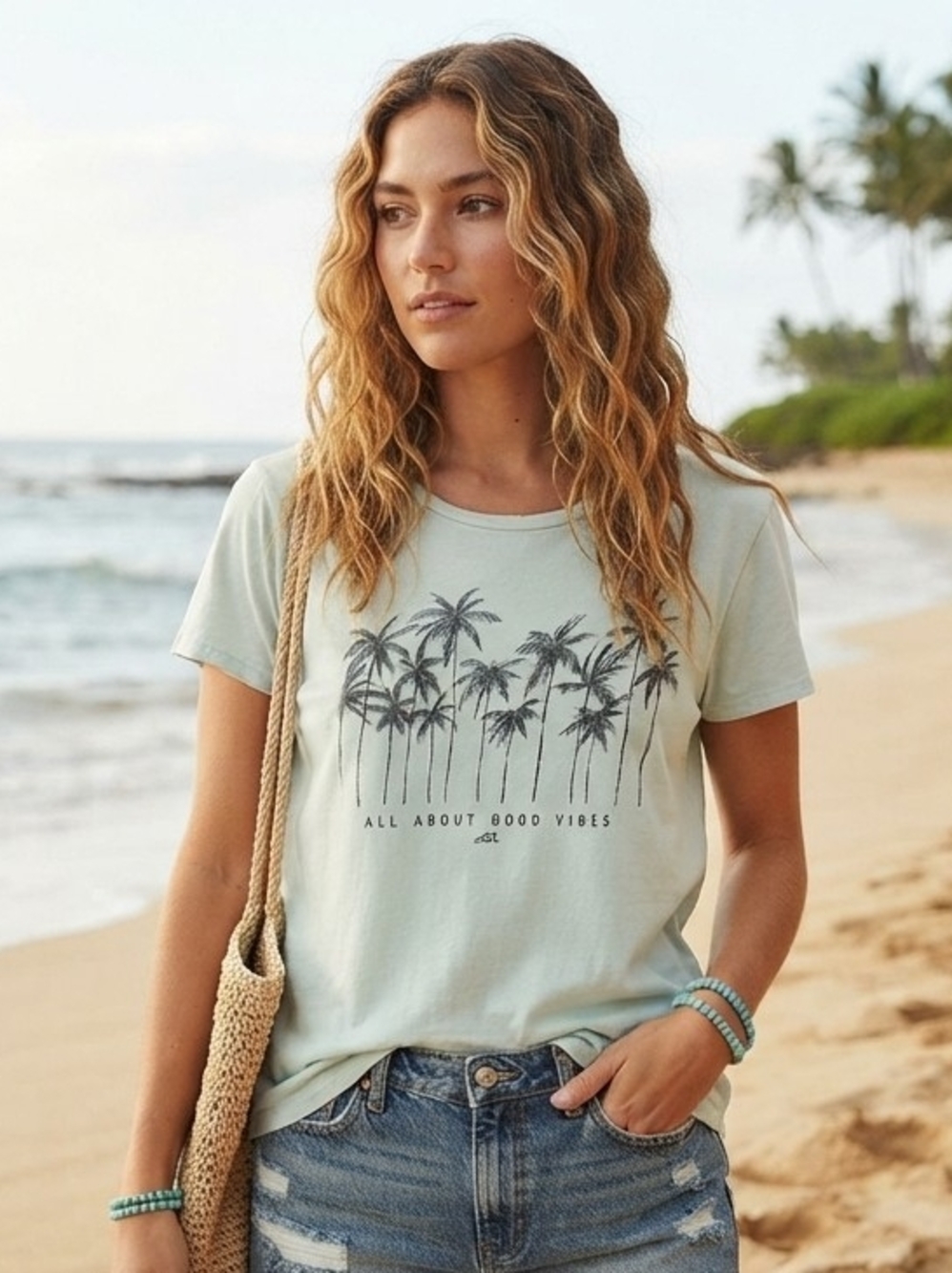 Billabong "All About Good Vibes" Palm Tree Graphic T-Shirt Mint Green Size L